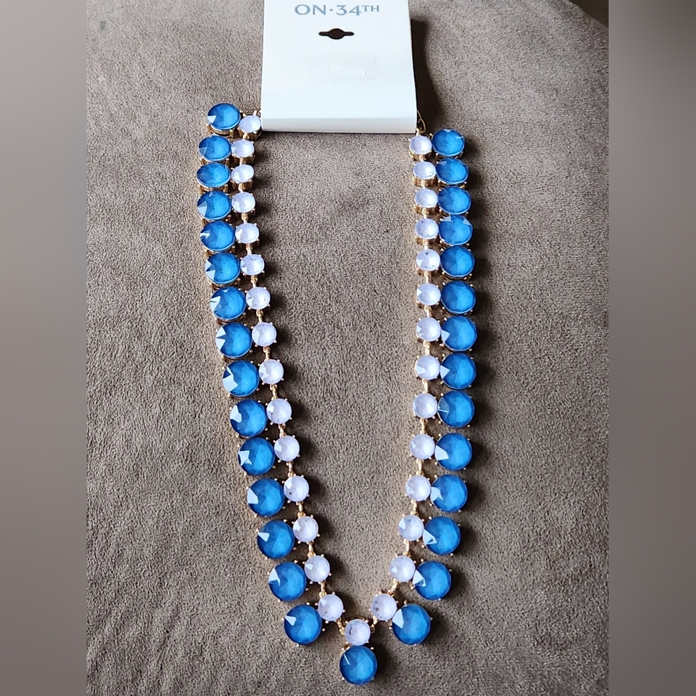 On 34th Statement Necklace Blue Stones Gold Tone NWT